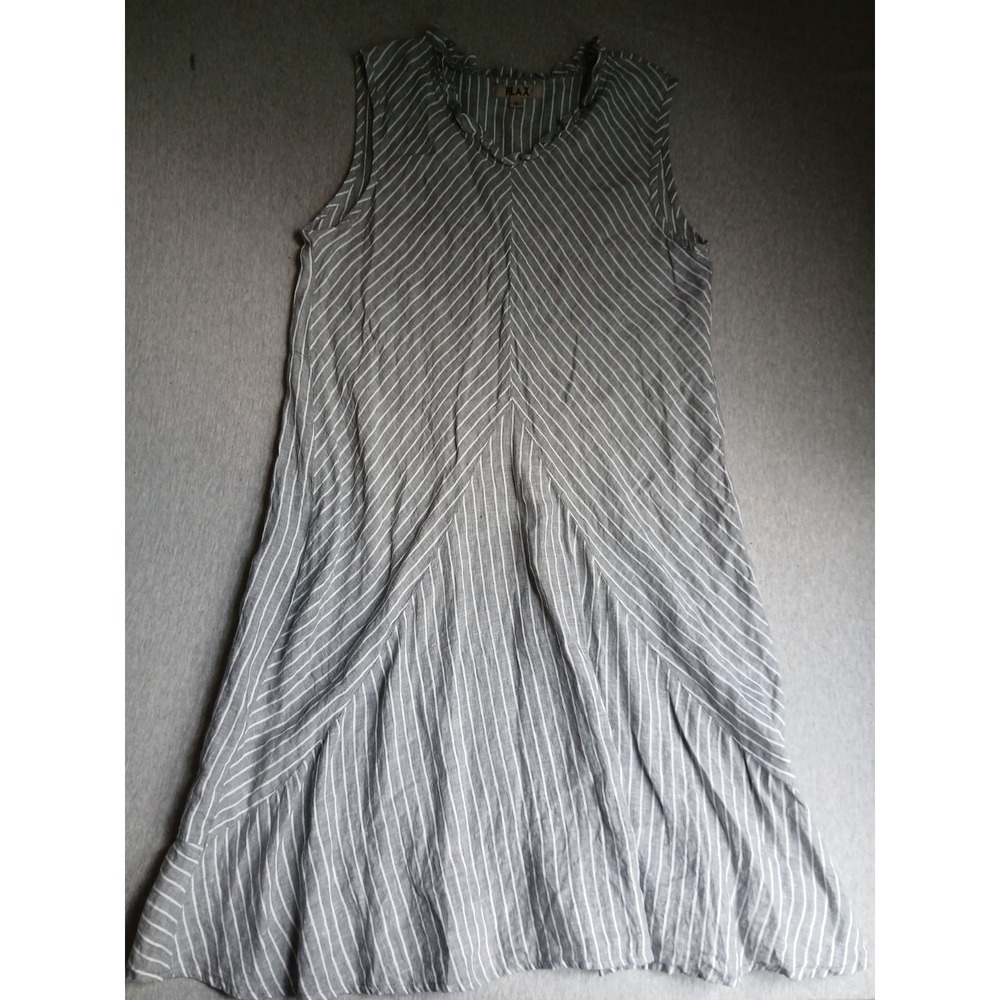 Flax Dress Small Linen A Line Striped Ruffle Neck Lagenlook Artsy Beach Boho